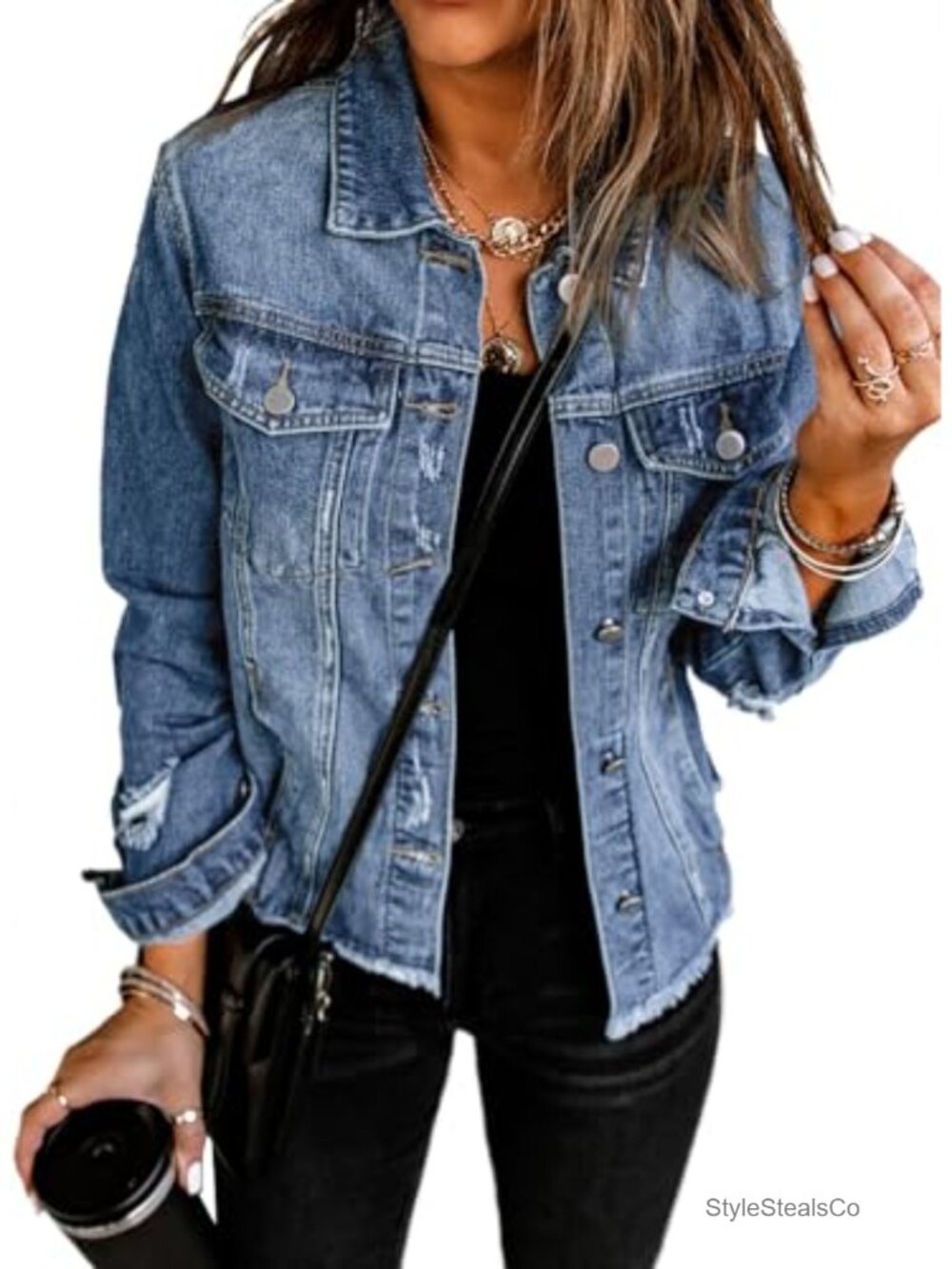 Womens Cropped Denim Jean Jacket Loose Oversized Button Up Fringe